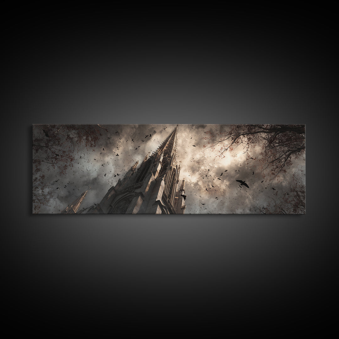 Cathedral Spire Beneath Lightning Clouds Canvas Print, Gothic Art, Wall Art, Living Room Decor, Gothic, Canvas Tote Bag, GOT-3x1-30