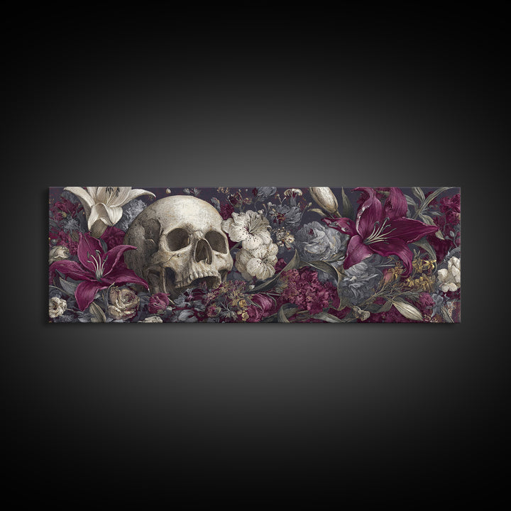 Skull Surrounded by Lilies and Candles Canvas Print, Gothic Art, Gothic Wall Art, Living Room Decor, Fine Art, Gothic, GOT-3x1-45