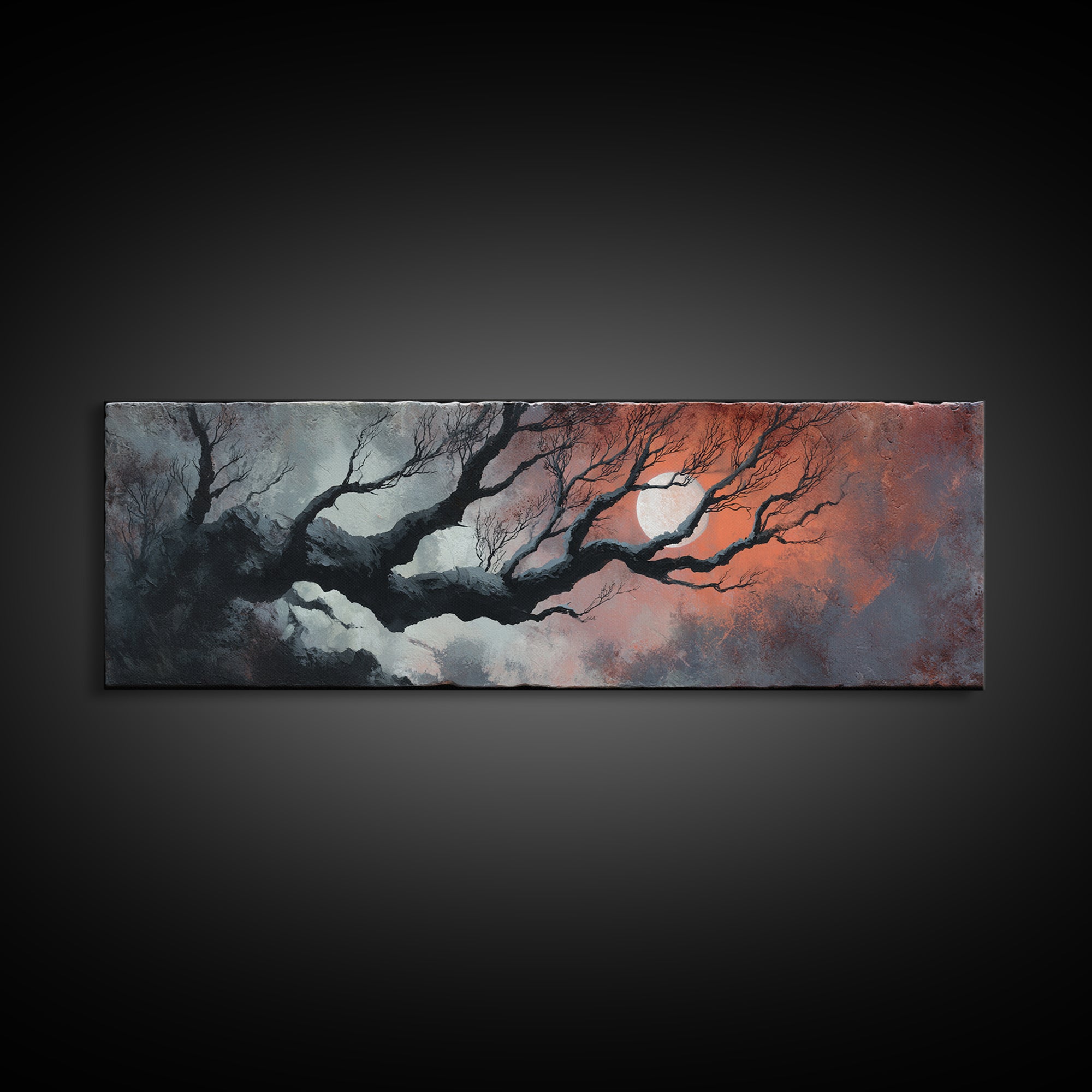 Silver Moon over Twisted Black Trees Canvas Print, Gothic Art, Moody Wall Art, Living Room Decor, Abstract Art, Gothic, GOT-3x1-49