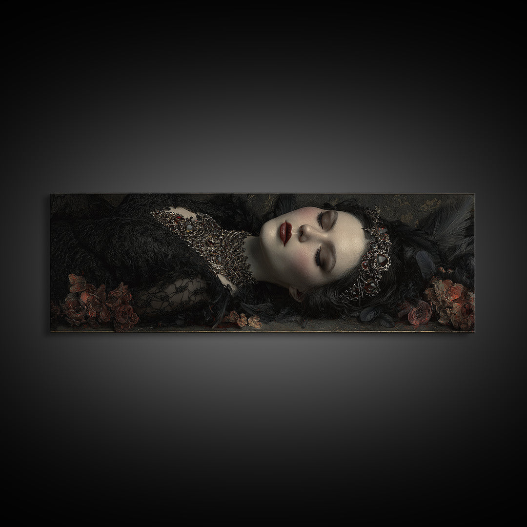 Vampire Inspired Portrait with Pale Skin and Framed Canvas Print, Gothic Art, Dark Academia Decor, Living Room Decor, Gothic, GOT-3x1-74