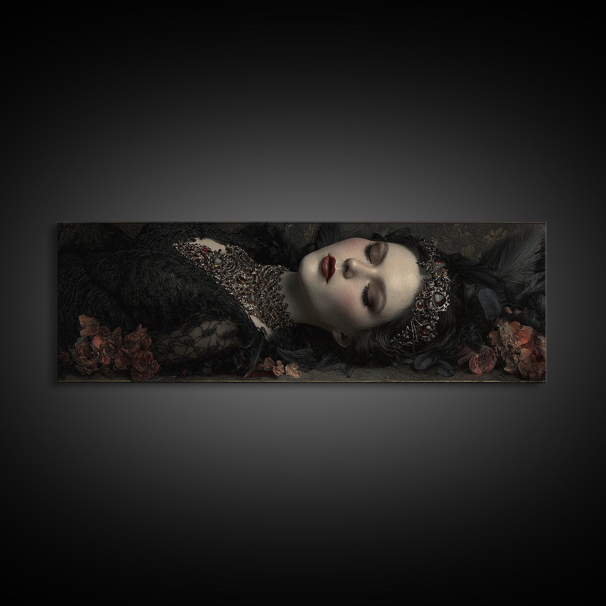 Vampire Inspired Portrait with Pale Skin and Framed Canvas Print, Gothic Art, Dark Academia Decor, Living Room Decor, Gothic, GOT-3x1-74