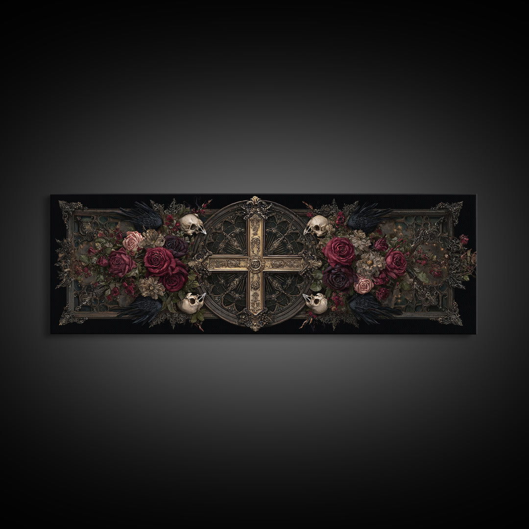 Ornate Cross and Roses Dramatic Still Life Framed Canvas Print, Gothic Art, Halloween Decor, Living Room Decor, Gothic, GOT-3x1-84