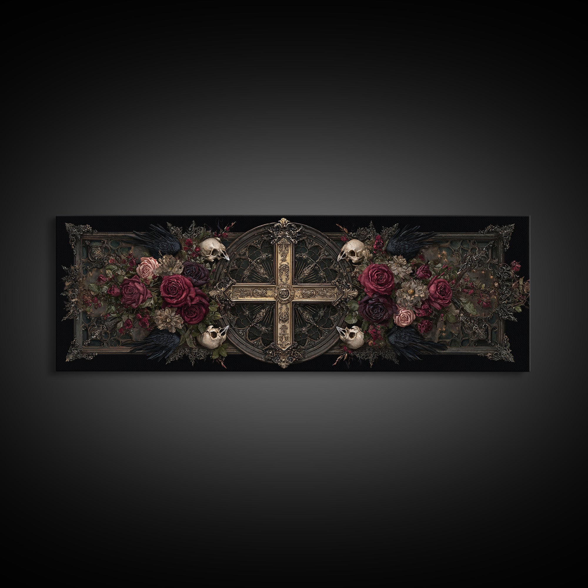 Ornate Cross and Roses Dramatic Still Life Framed Canvas Print, Gothic Art, Halloween Decor, Living Room Decor, Gothic, GOT-3x1-84