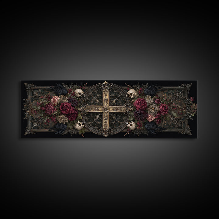 Ornate Cross and Roses Dramatic Still Life Framed Canvas Print, Gothic Art, Halloween Decor, Living Room Decor, Gothic, GOT-3x1-84