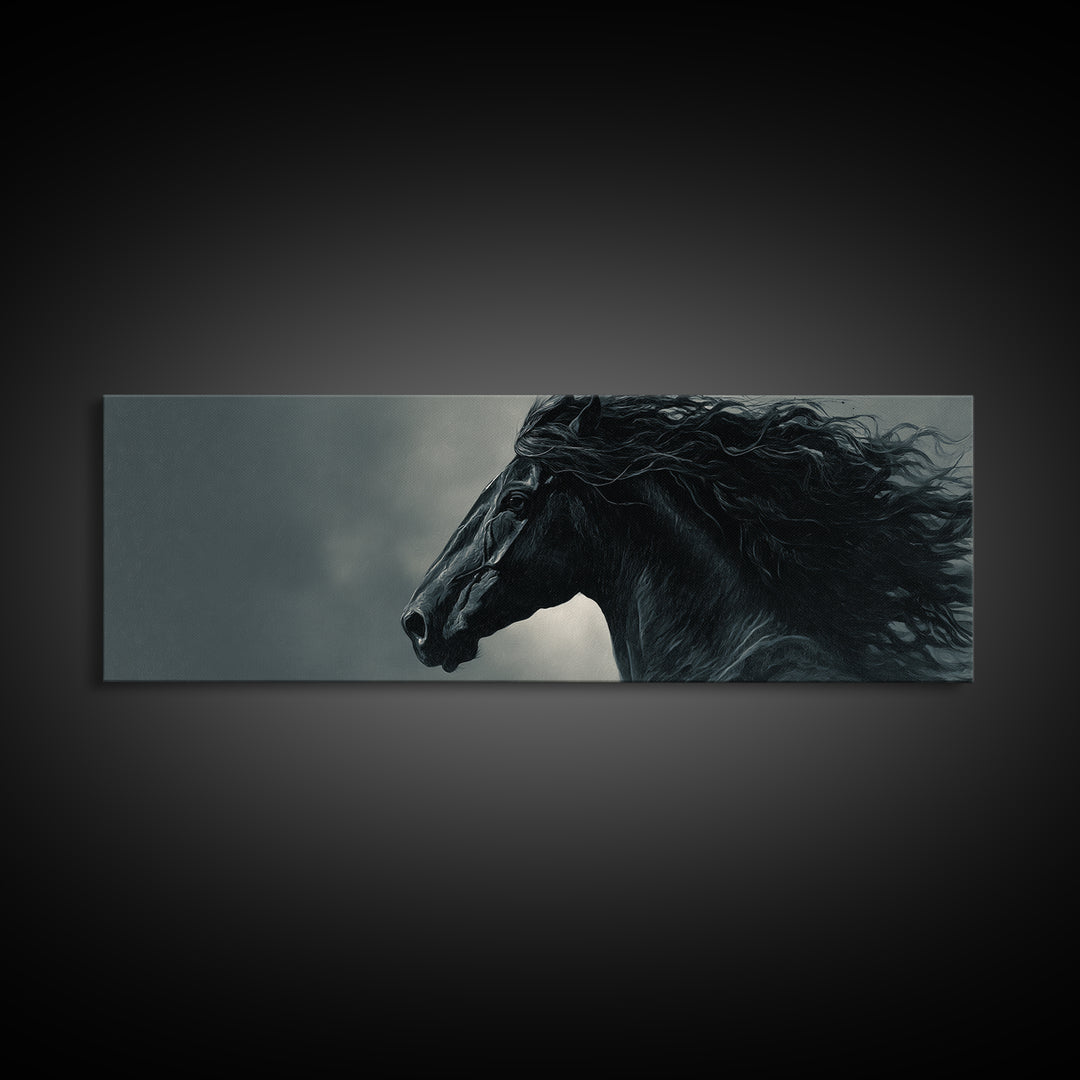 Black Horse with Flowing Mane in Fog Framed Canvas Print, Gothic Art, Gothic Decor, Living Room Decor, Fine Art, Gothic, GOT-3x1-9