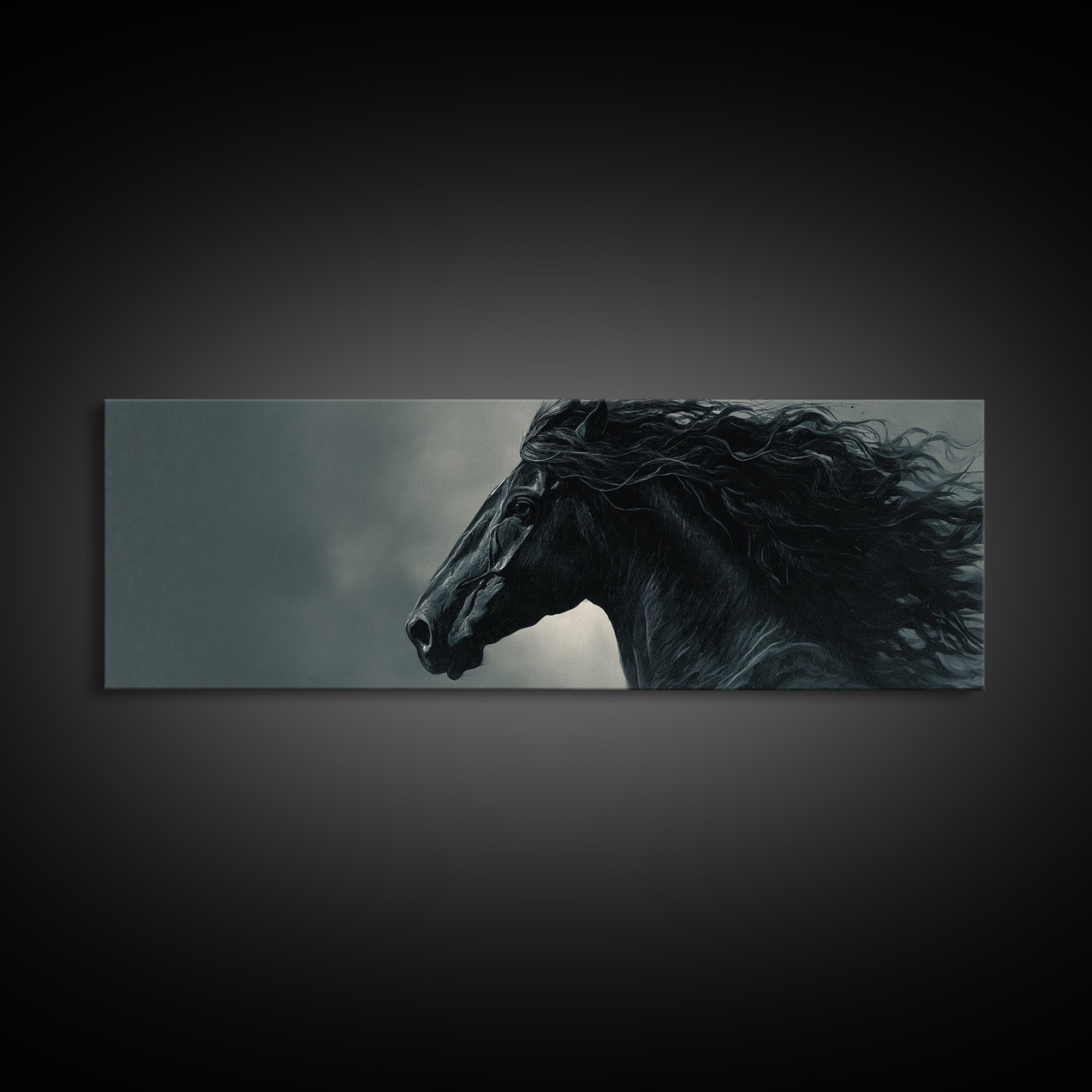 Black Horse with Flowing Mane in Fog Framed Canvas Print, Gothic Art, Gothic Decor, Living Room Decor, Fine Art, Gothic, GOT-3x1-9