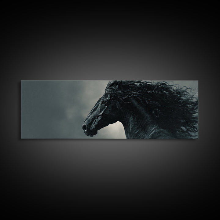 Black Horse with Flowing Mane in Fog Framed Canvas Print, Gothic Art, Gothic Decor, Living Room Decor, Fine Art, Gothic, GOT-3x1-9