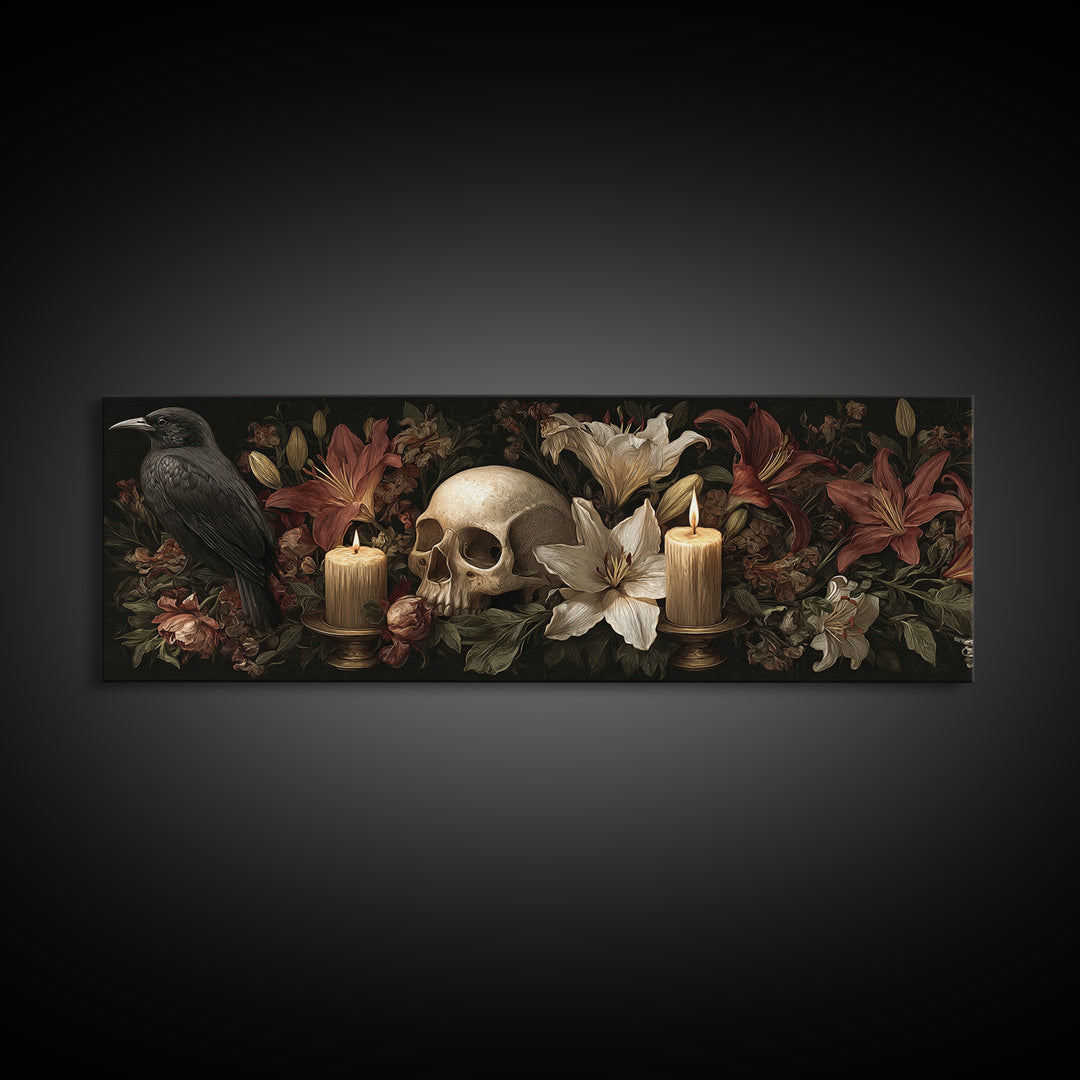 Skull Surrounded by Lilies and Candles Canvas Print, Gothic Art, Witchy Home Decor, Living Room Decor, Fine Art, Gothic, GOT-3x1-93