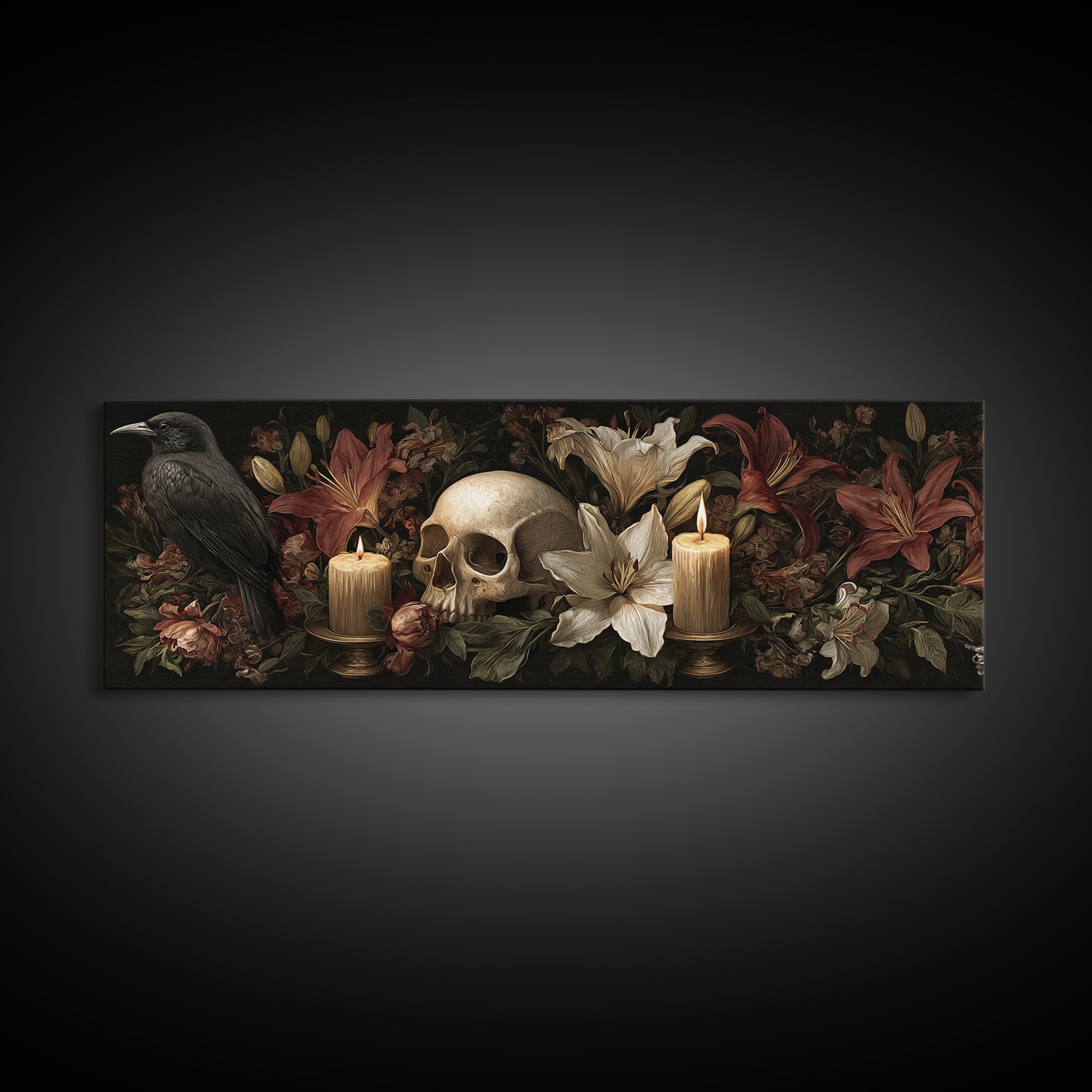 Skull Surrounded by Lilies and Candles Canvas Print, Gothic Art, Witchy Home Decor, Living Room Decor, Fine Art, Gothic, GOT-3x1-93