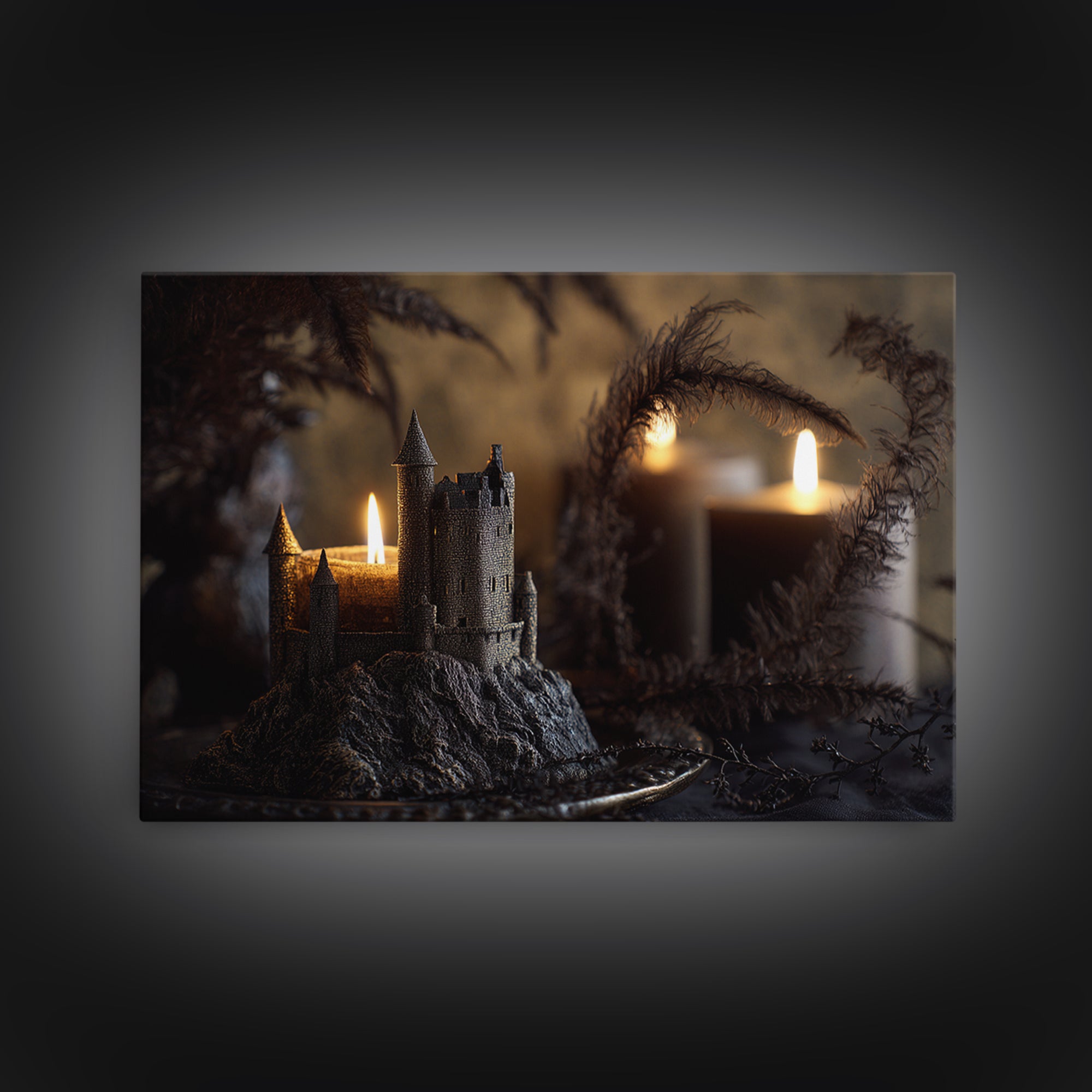 Stormy Castle Silhouette on Jagged Cliffs Framed Canvas Print, Gothic Art, Art Nouveau, Living Room Decor, Fine Art, Gothic, GOT-3x2-10