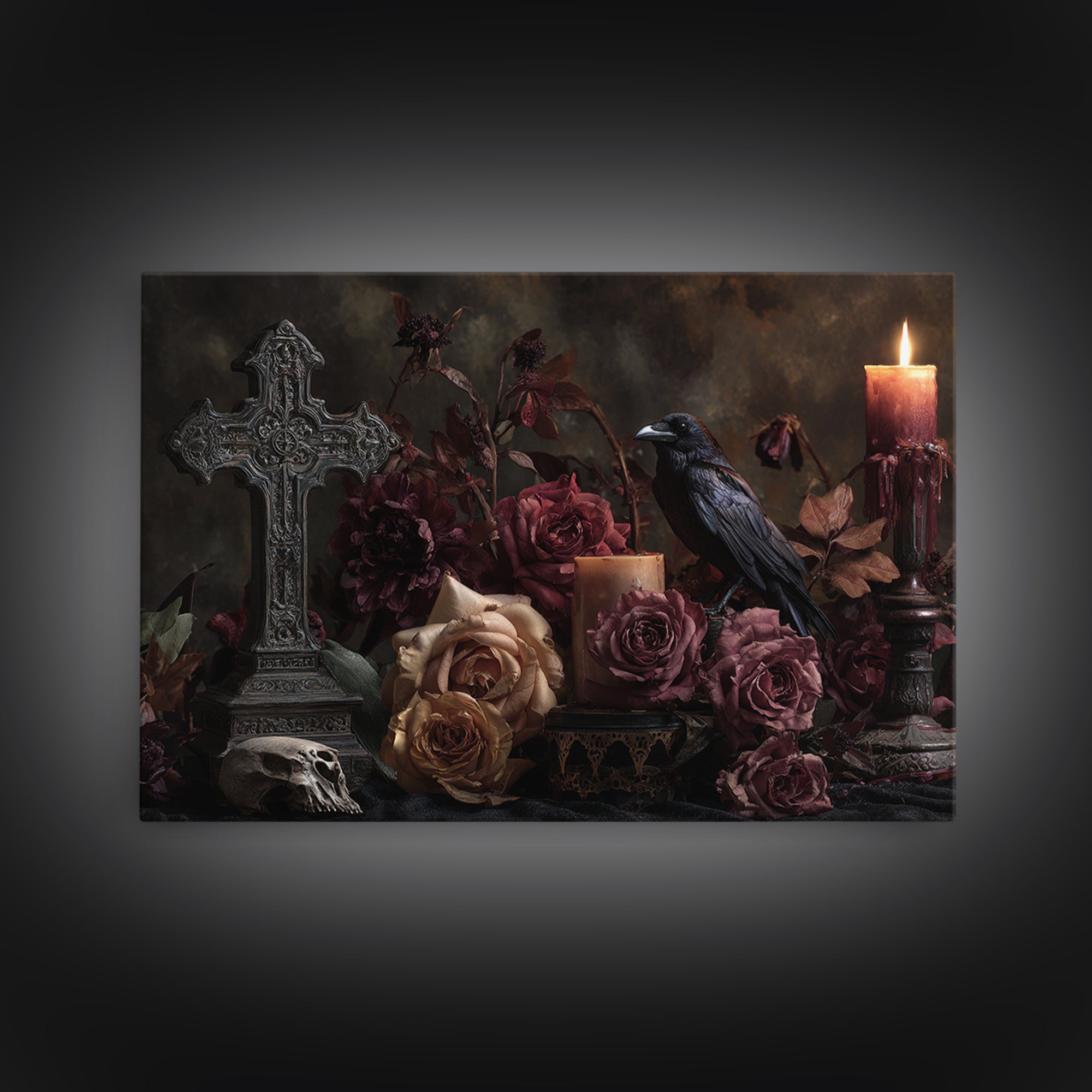Ornate Cross and Roses Dramatic Still Life Framed Canvas Print, Gothic Art, Printable Art, Living Room Decor, Fine Art, Gothic, GOT-3x2-24