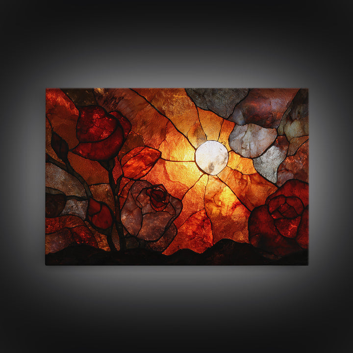 Cracked Mirror Reflecting Moon and Roses Framed Canvas Print, Gothic Art, Moody Wall Art, Living Room Decor, Fine Art, Gothic, GOT-3x2-27