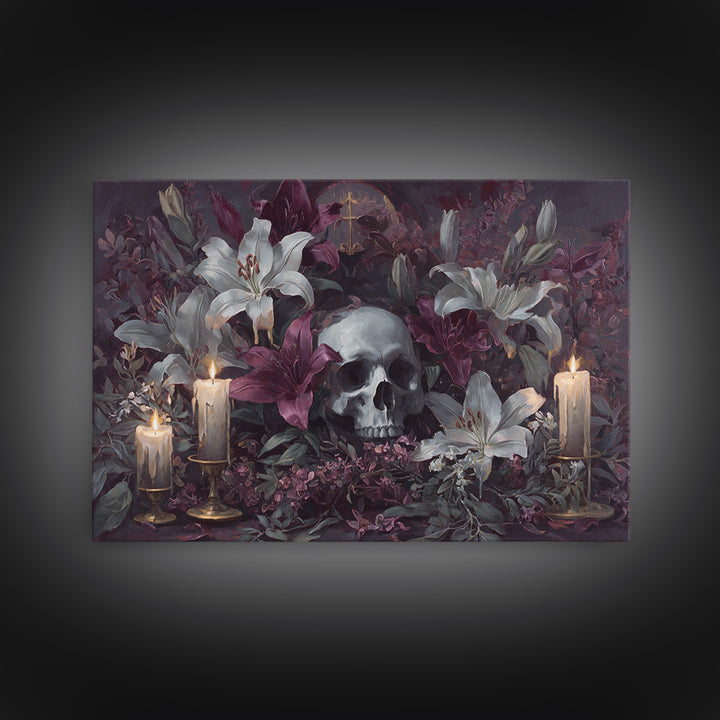 Skull Surrounded by Lilies and Candles Canvas Print, Gothic Art, Halloween Art, Living Room Decor, Gothic, Neutral Decor, GOT-3x2-33