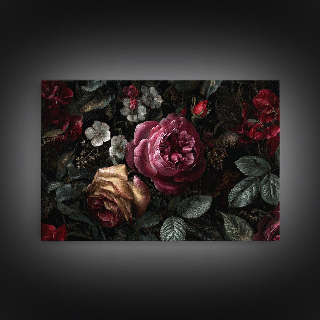 Dark Floral Wallpaper Pattern Framed Canvas Print, Gothic Art, Canvas Painting, Living Room Decor, Gothic, Fine Art Print, GOT-3x2-41