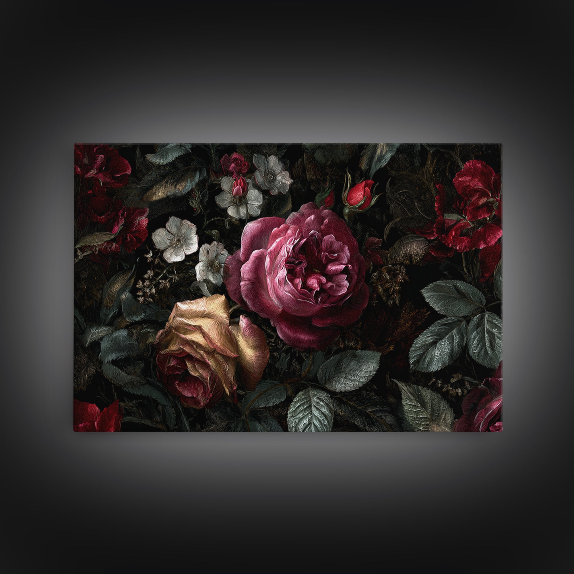 Dark Floral Wallpaper Pattern Framed Canvas Print, Gothic Art, Canvas Painting, Living Room Decor, Gothic, Fine Art Print, GOT-3x2-41