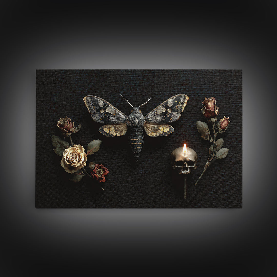 Moth and Skull Composition on Black Velvet Canvas Print, Gothic Art, Black and White Art, Living Room Decor, Abstract Art, GOT-3x2-43