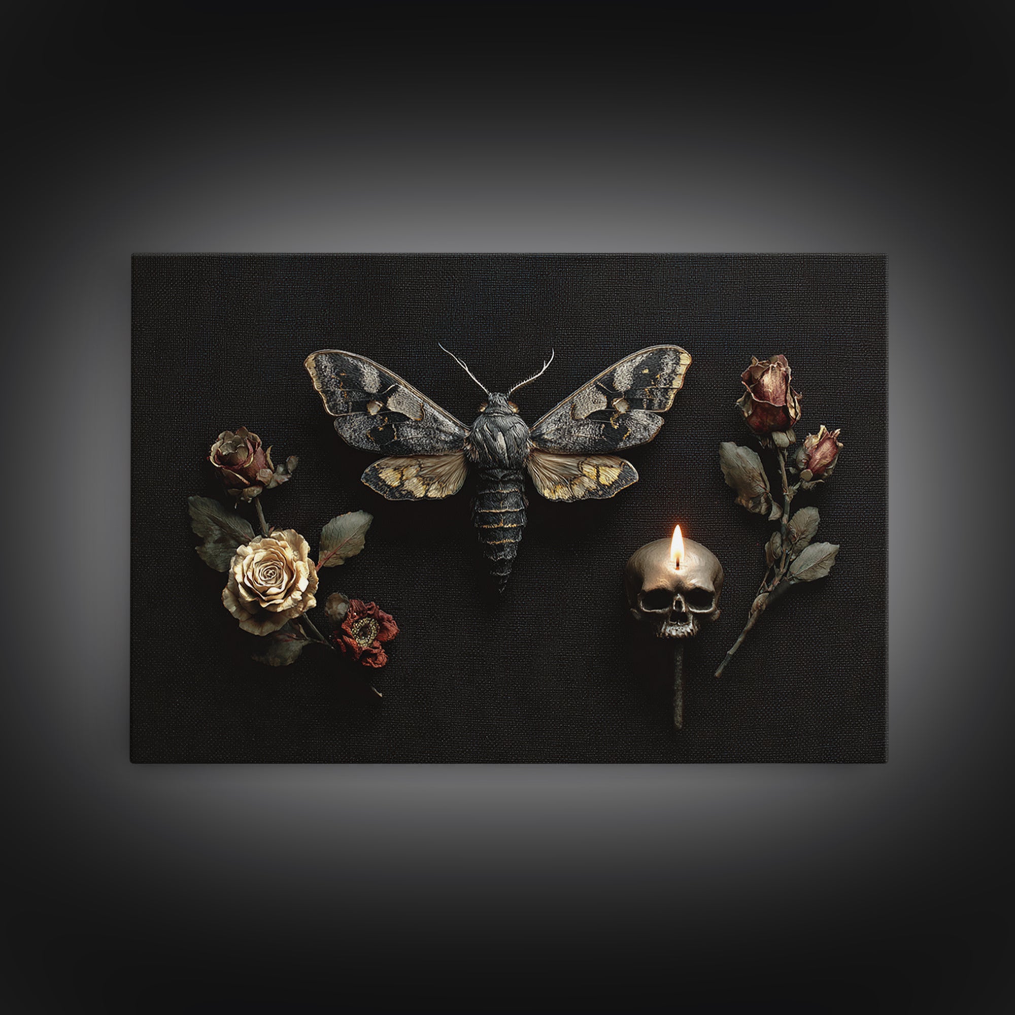 Moth and Skull Composition on Black Velvet Canvas Print, Gothic Art, Black and White Art, Living Room Decor, Abstract Art, GOT-3x2-43