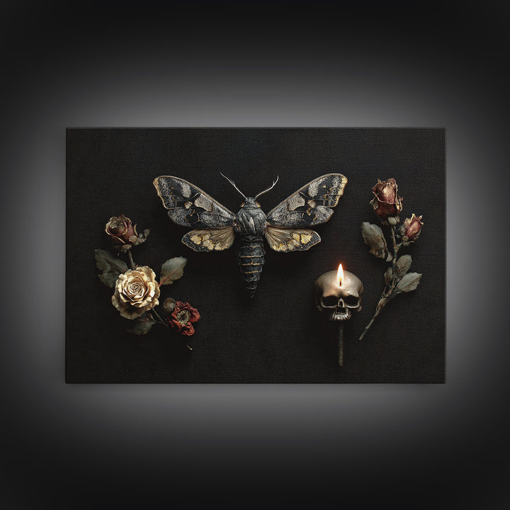 Moth and Skull Composition on Black Velvet Canvas Print, Gothic Art, Black and White Art, Living Room Decor, Abstract Art, GOT-3x2-43