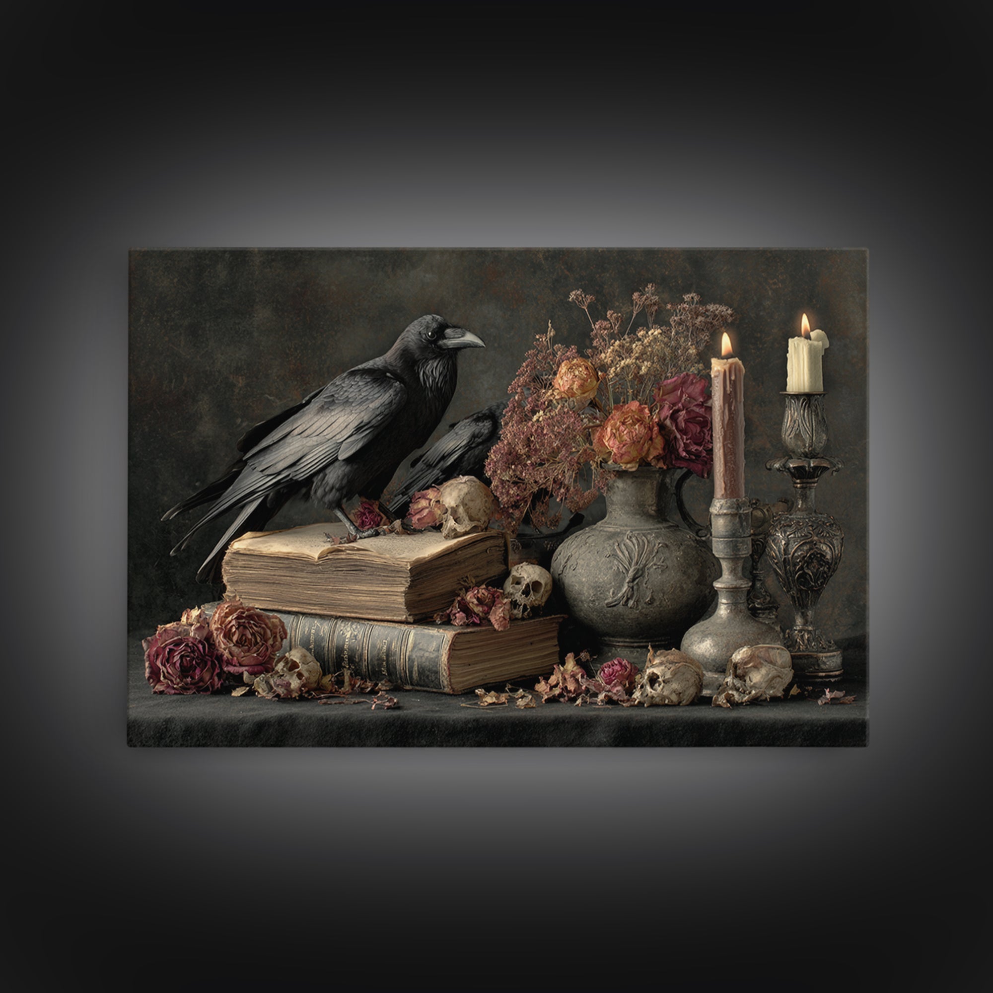 Candlelit Book and Dried Flowers Still Life Framed Canvas Print, Gothic Art, Witchy Decor, Living Room Decor, Fine Art, Gothic, GOT-3x2-46