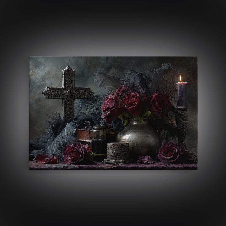 Ornate Cross and Roses Dramatic Still Life Canvas Print, Gothic Art, Living Room Decor, Fine Art, Gothic, Modern Decor, GOT-3x2-48