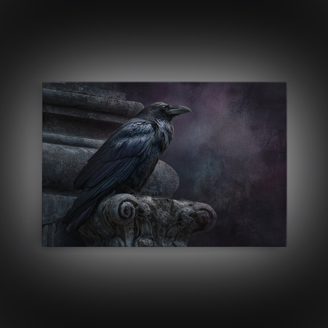 Raven on a Cathedral Gargoyle Framed Canvas Print, Gothic Art, Moody Wall Art, Living Room Decor, Fine Art, Gothic, Wall Decor, GOT-3x2-5