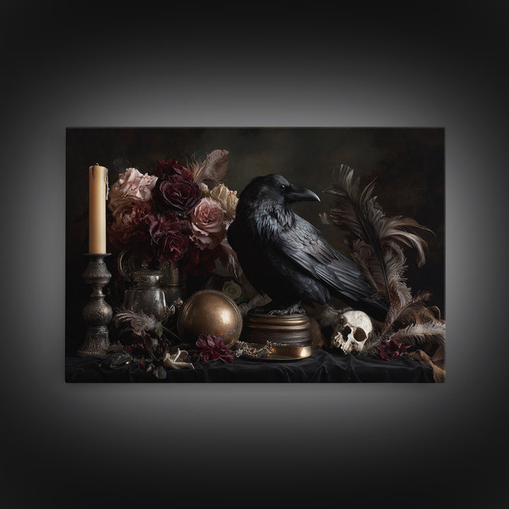 Raven Feathers Arranged Like a Halo Framed Canvas Print, Gothic Art, Printable Art, Living Room Decor, Oil Painting, Gothic, GOT-3x2-50