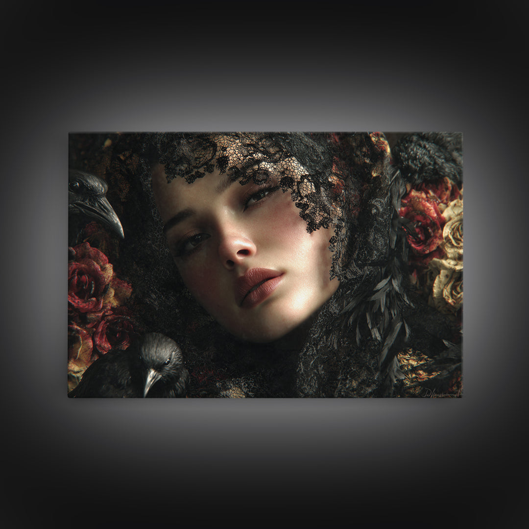 Melancholy Woman Portrait Canvas Print, Gothic Art, Black and White Art, Living Room Decor, Oil Painting, Gothic, GOT-3x2-56