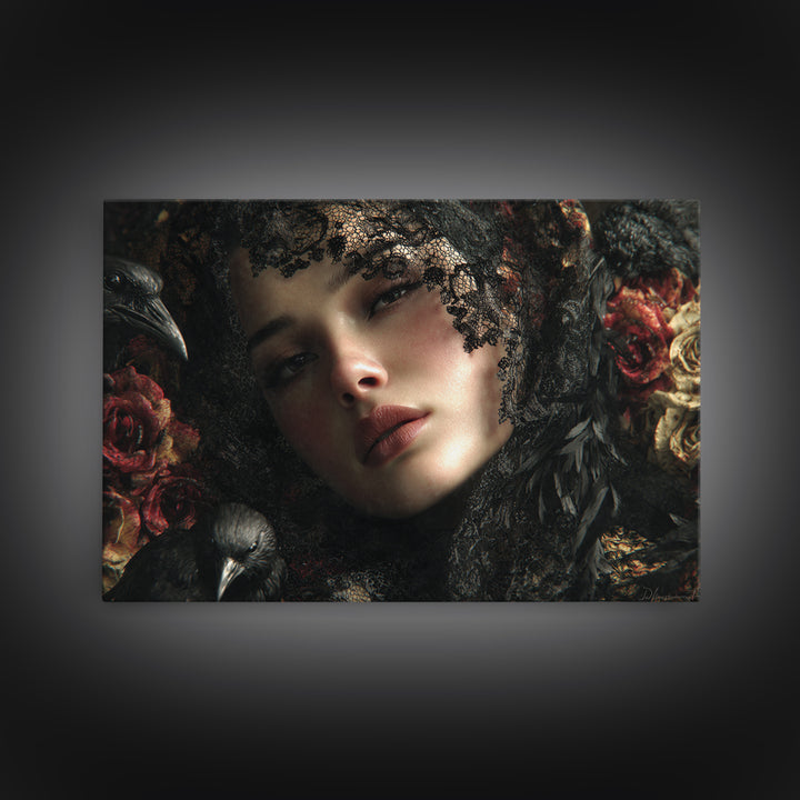 Melancholy Woman Portrait Canvas Print, Gothic Art, Black and White Art, Living Room Decor, Oil Painting, Gothic, GOT-3x2-56