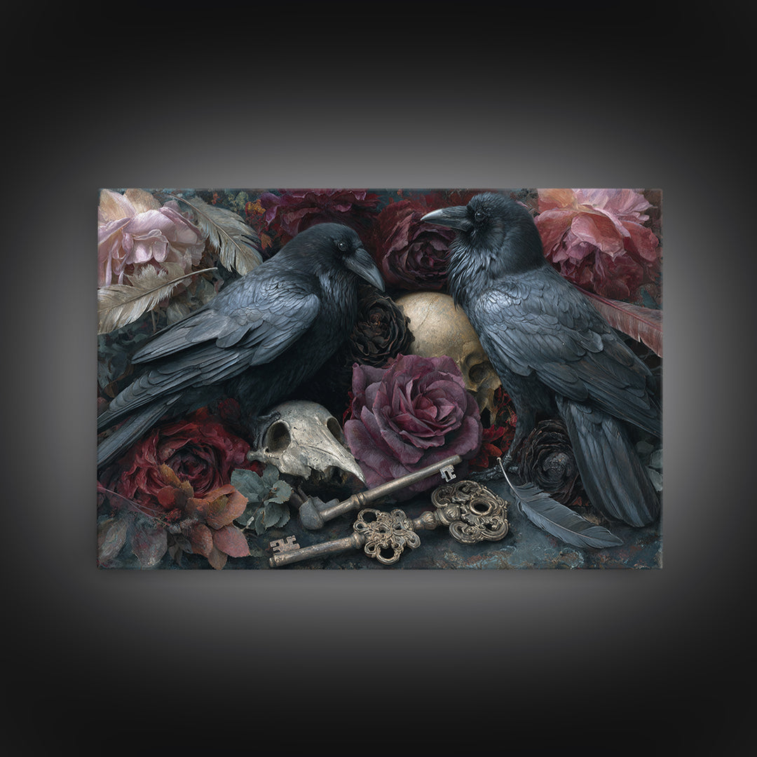 Crow Feathers and Antique Key Still Life Framed Canvas Print, Gothic Art, Gallery Decor, Living Room Decor, Abstract Art, GOT-3x2-64