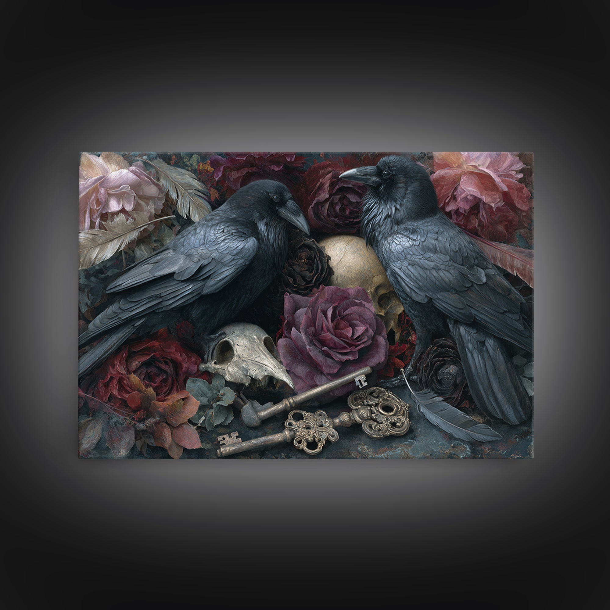 Crow Feathers and Antique Key Still Life Framed Canvas Print, Gothic Art, Gallery Decor, Living Room Decor, Abstract Art, GOT-3x2-64