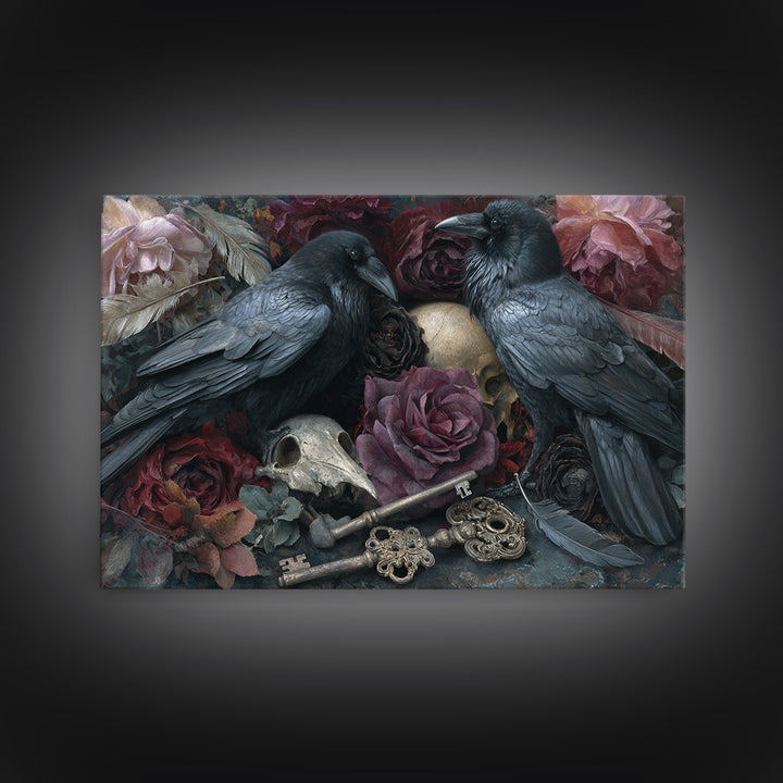 Crow Feathers and Antique Key Still Life Framed Canvas Print, Gothic Art, Gallery Decor, Living Room Decor, Abstract Art, GOT-3x2-64