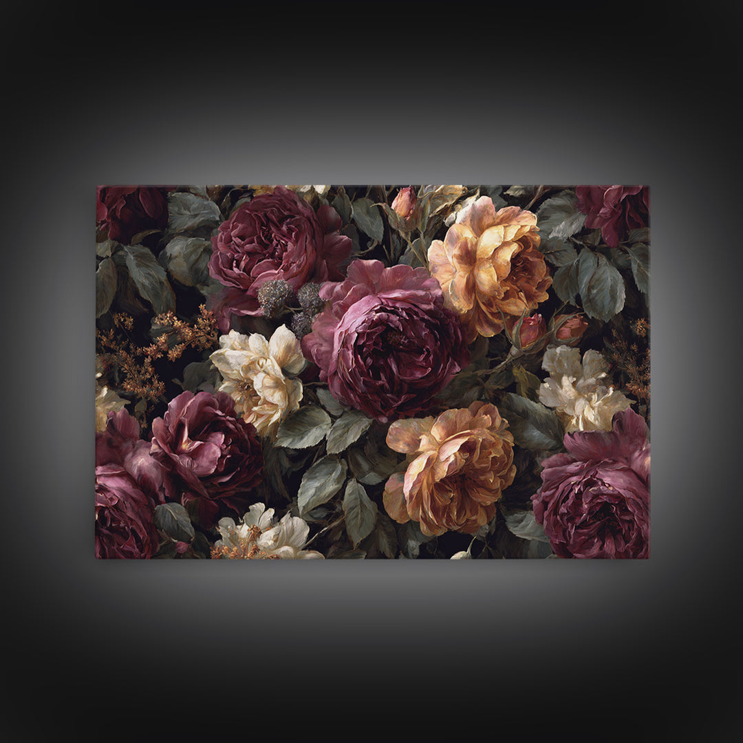 Dark Floral Wallpaper Pattern Framed Canvas Print, Gothic Art, Canvas Painting, Living Room Decor, Gothic, Fine Art Print, GOT-3x2-65