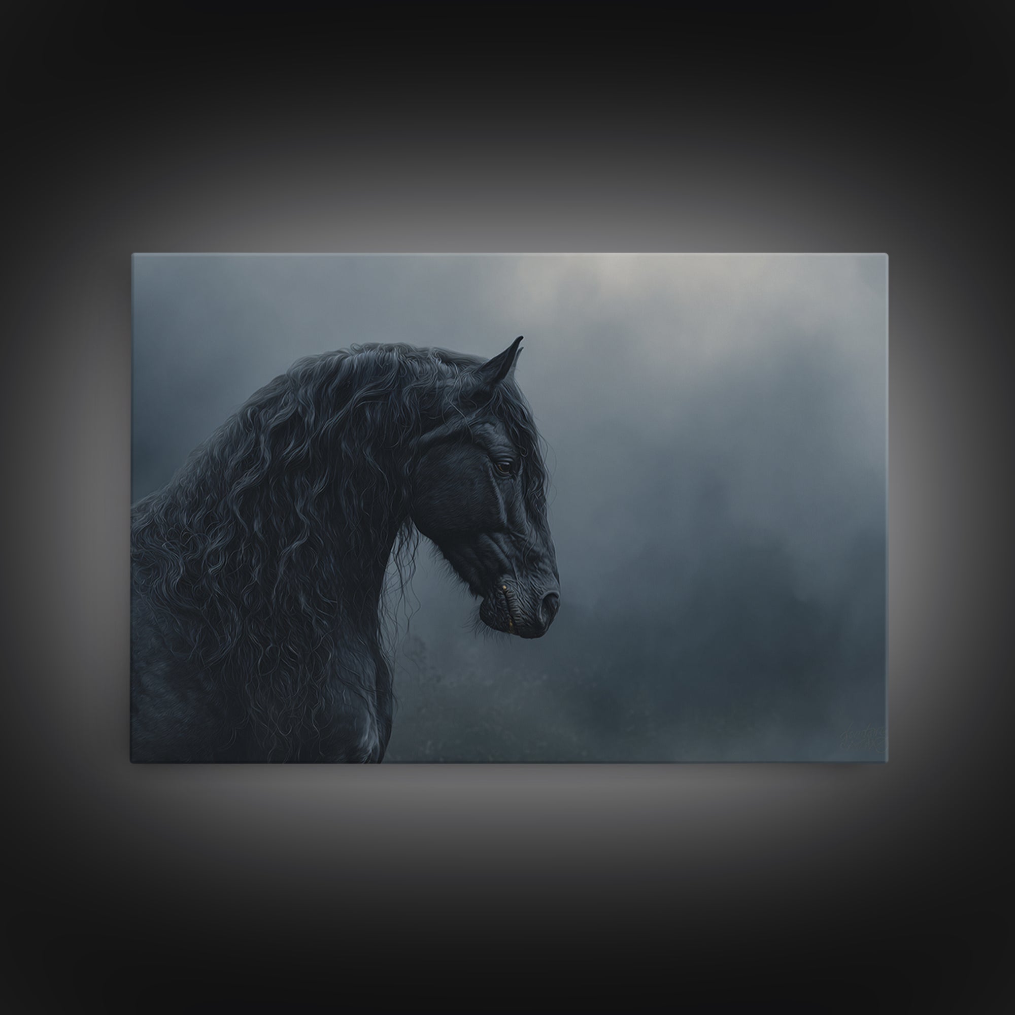 Black Horse with Flowing Mane in Fog Framed Canvas Print, Gothic Art, Gothic Wallpaper, Living Room Decor, Fine Art, Gothic, GOT-3x2-69