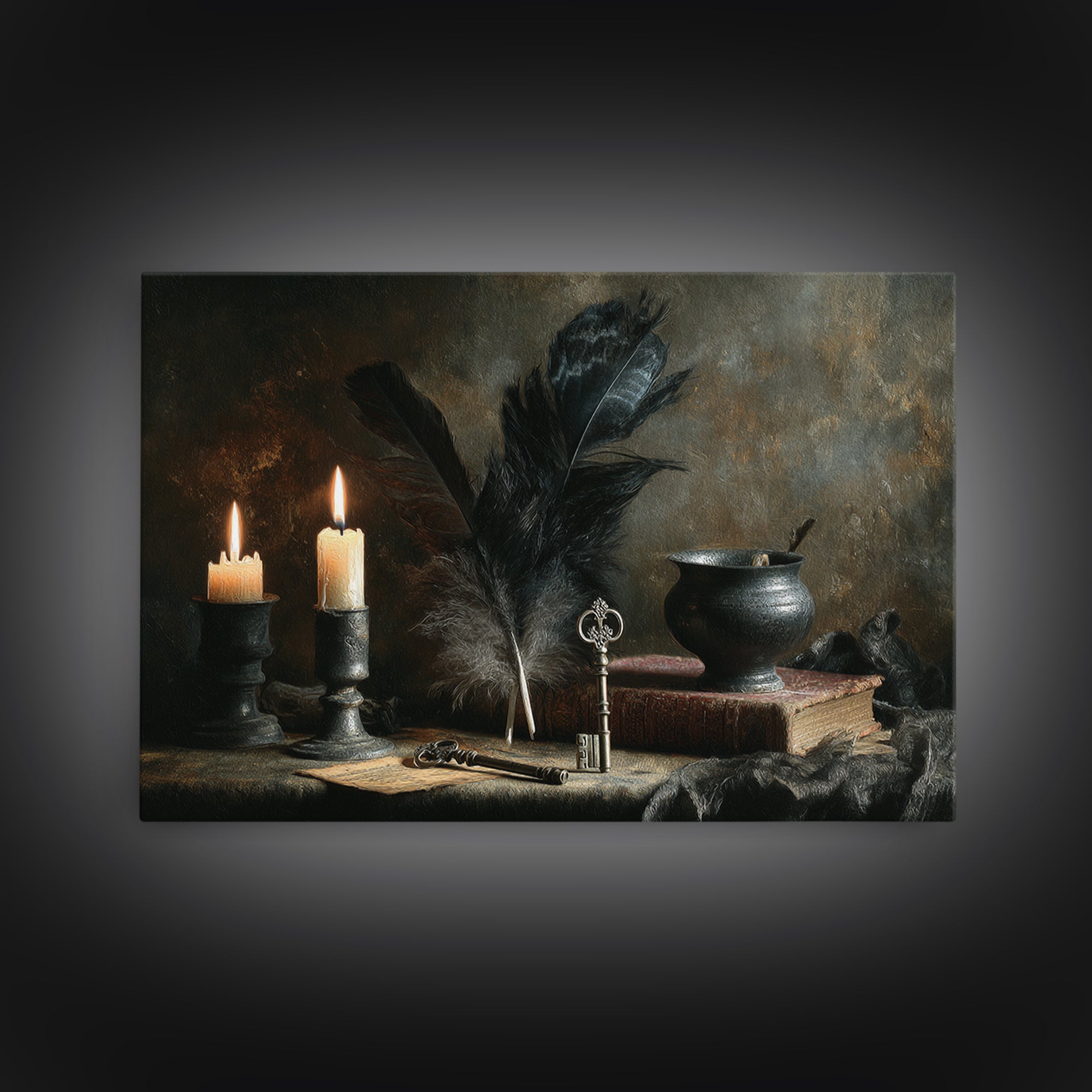 Crow Feathers and Antique Key Still Life Canvas Print, Gothic Art, Boho Decor, Living Room Decor, Fine Art, Gothic, Art Print, GOT-3x2-88