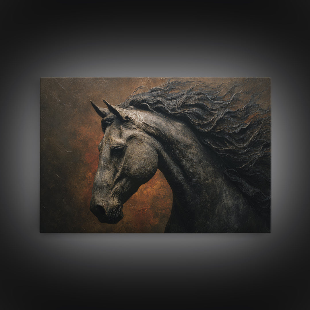 Black Horse with Flowing Mane in Fog Canvas Print, Gothic Art, Black and White Art, Living Room Decor, Fine Art, Gothic, GOT-3x2-93