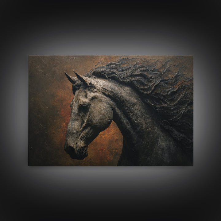 Black Horse with Flowing Mane in Fog Canvas Print, Gothic Art, Black and White Art, Living Room Decor, Fine Art, Gothic, GOT-3x2-93