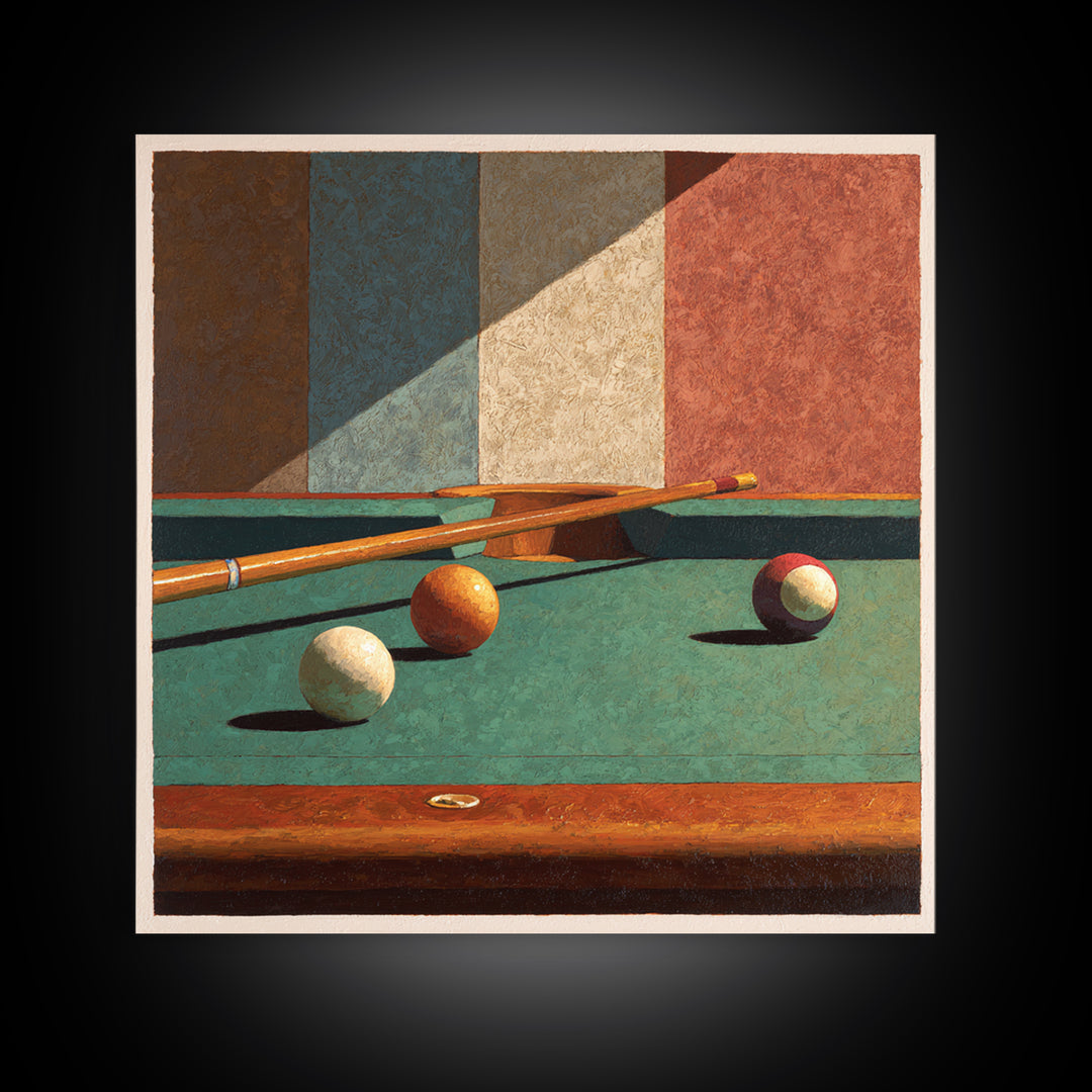 Pool Cue and Chalk on Green Felt Canvas Print, Game Room Art, Playroom Art, Game Room Decor, Fine Art, Play, Modern Decor, GRA-1x1-10