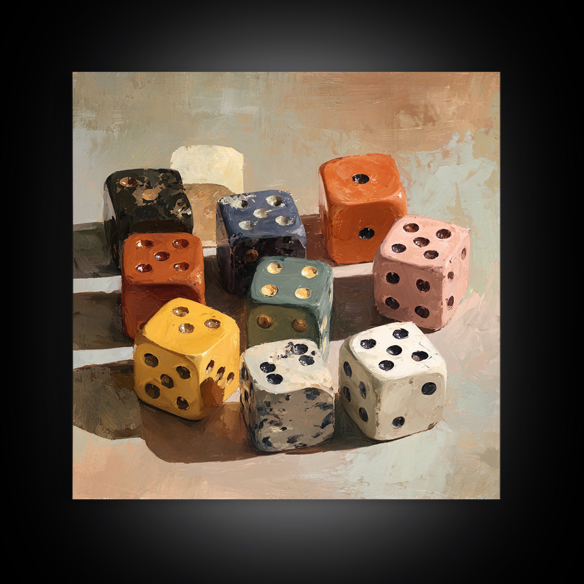 Tabletop Dice Rolling Through Dramatic Light Framed Canvas Print, Game Room Art, Gallery Decor, Game Room Decor, Fine Art, Play, GRA-1x1-41