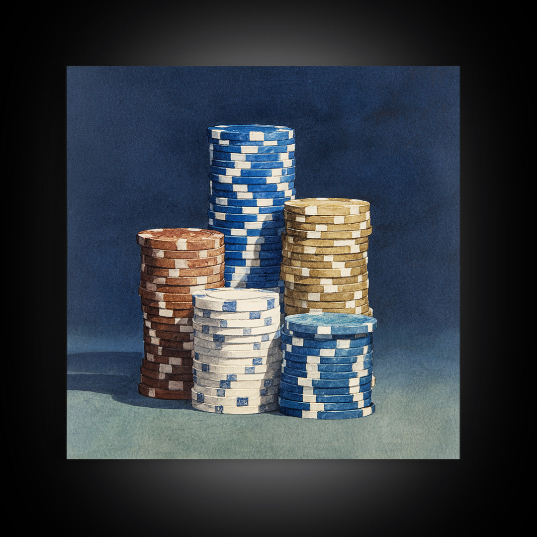 Poker Chips Stacked Like Casino Still Life Canvas Print, Game Room Art, Kids Room Wall Art, Game Room Decor, Watercolor Art, GRA-1x1-55