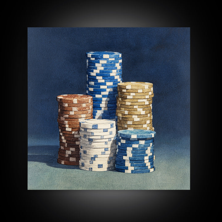 Poker Chips Stacked Like Casino Still Life Canvas Print, Game Room Art, Kids Room Wall Art, Game Room Decor, Watercolor Art, GRA-1x1-55