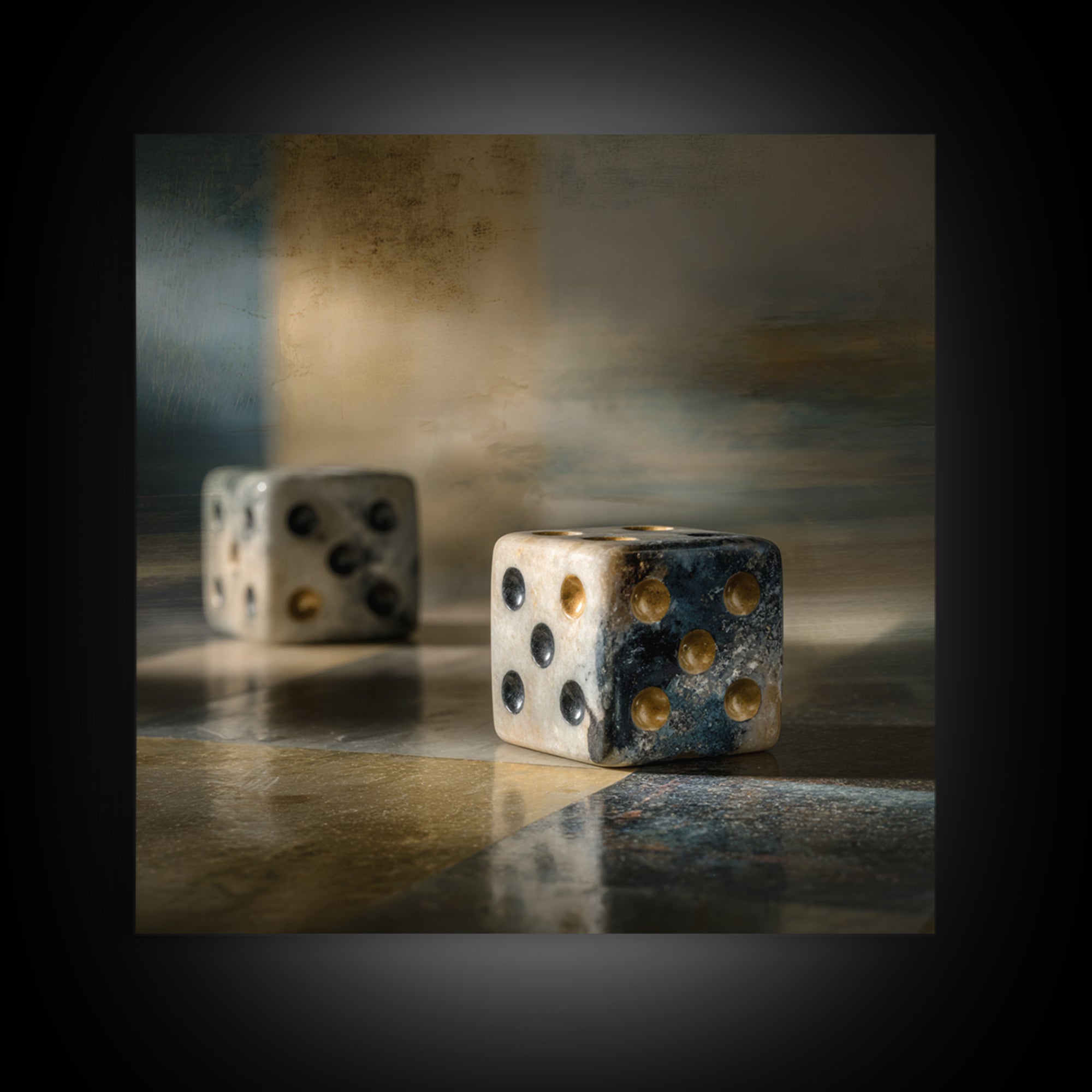 Tabletop Dice Rolling Through Dramatic Light Framed Canvas Print, Game Room Art, Gallery Decor, Game Room Decor, Fine Art, Play, GRA-1x1-65