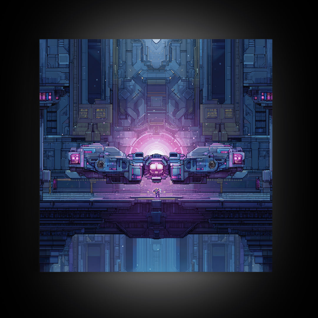 Arcade Spaceship Pixel Art Scene Framed Canvas Print, Game Room Art, Gallery Decor, Game Room Decor, Fine Art, Play, GRA-1x1-67