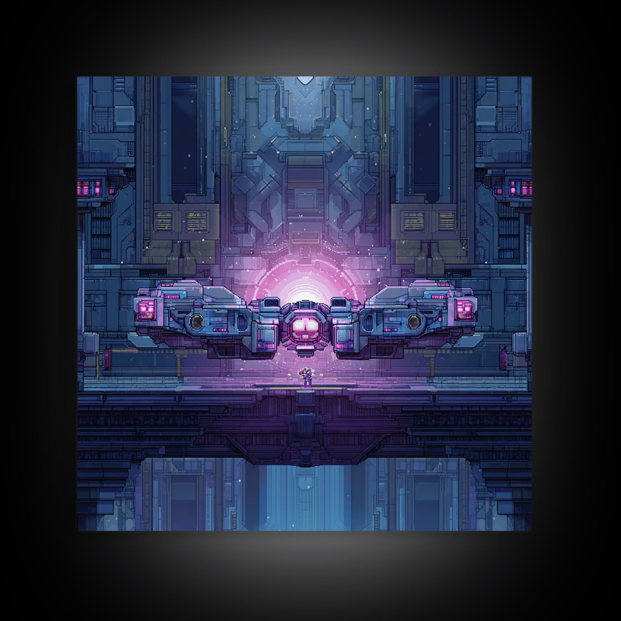 Arcade Spaceship Pixel Art Scene Framed Canvas Print, Game Room Art, Gallery Decor, Game Room Decor, Fine Art, Play, GRA-1x1-67