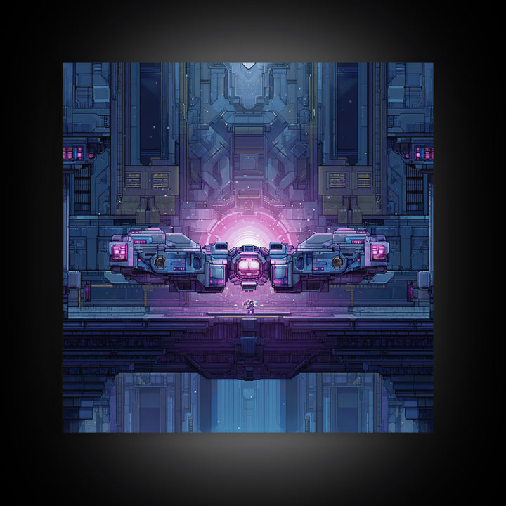 Arcade Spaceship Pixel Art Scene Framed Canvas Print, Game Room Art, Gallery Decor, Game Room Decor, Fine Art, Play, GRA-1x1-67