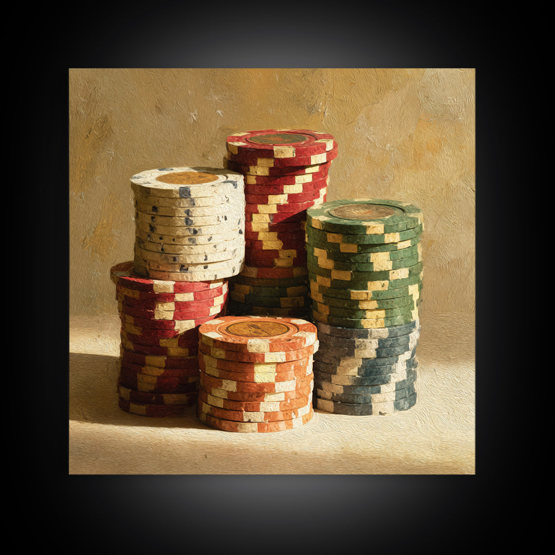 Poker Chips Stacked Like Casino Still Life Framed Canvas Print, Game Room Art, Modern Wall Art, Game Room Decor, Fine Art, Play, GRA-1x1-7