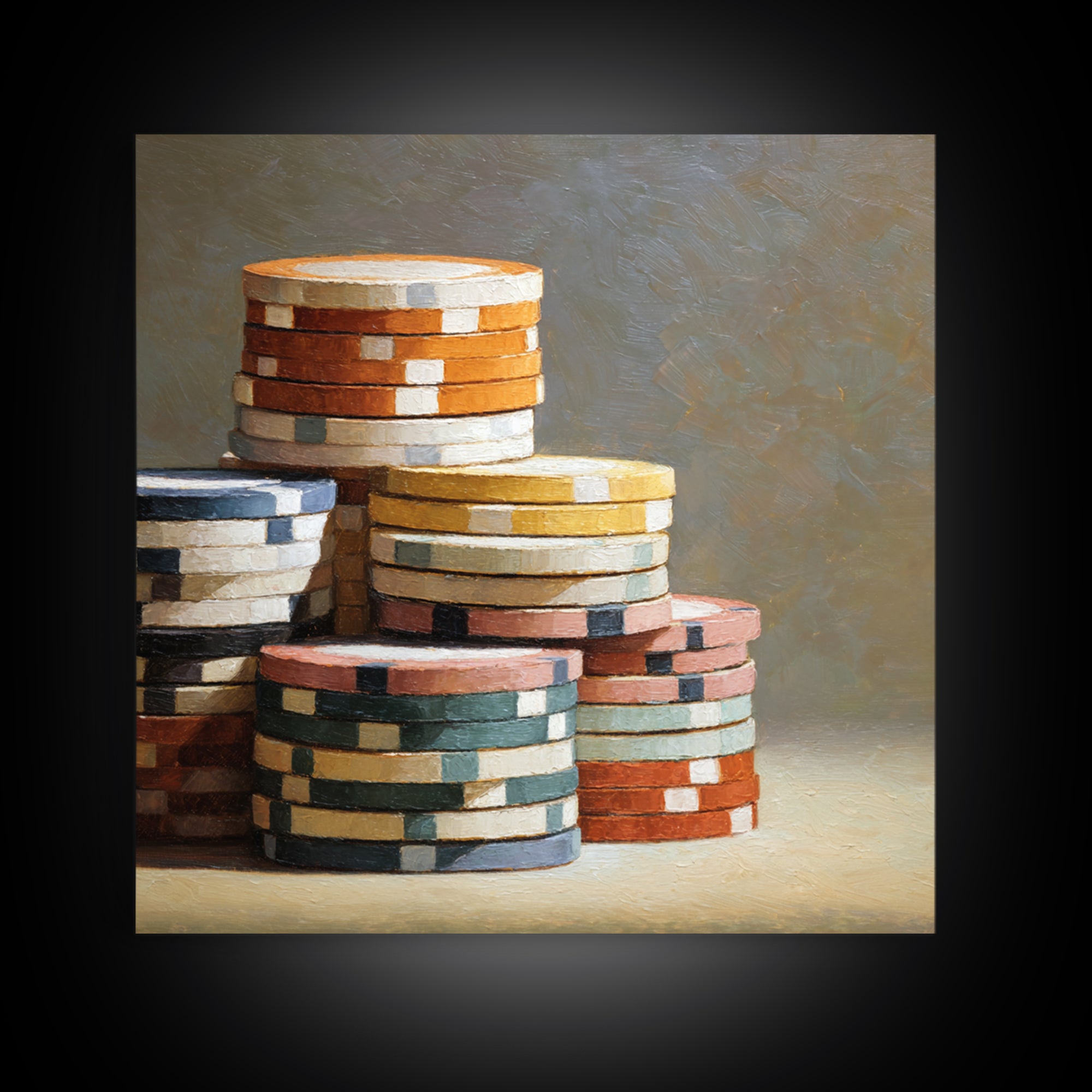 Poker Chips Stacked Like Casino Still Life Framed Canvas Print, Game Room Art, Fine Art Print, Game Room Decor, Oil Painting, GRA-1x1-79