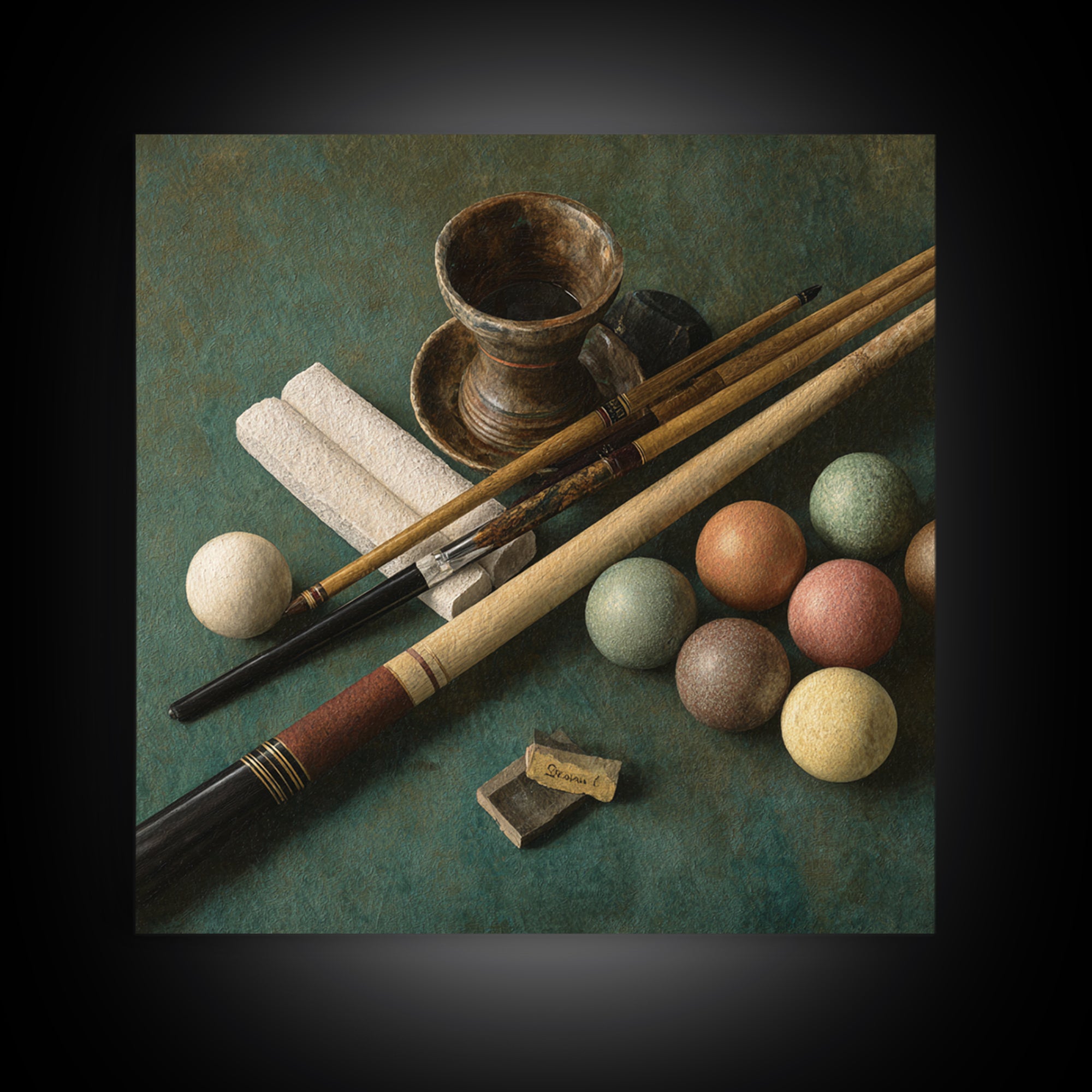 Pool Cue and Chalk on Green Felt Canvas Print, Game Room Art, Neutral Decor, Game Room Decor, Oil Painting, Play, Wall Art, GRA-1x1-82