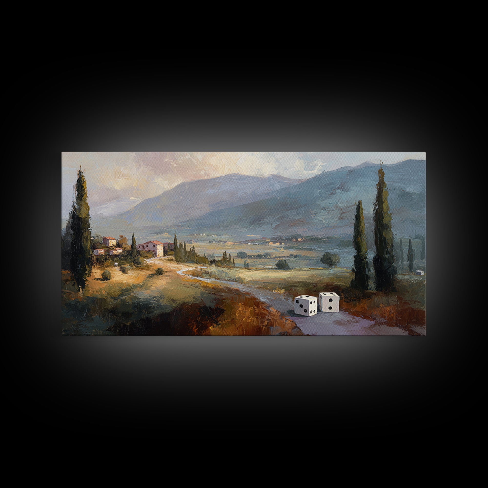 Tabletop Dice Rolling Through Dramatic Light Framed Canvas Print, Game Room Art, Minimalist Decor, Game Room Decor, Play, GRA-2x1-13