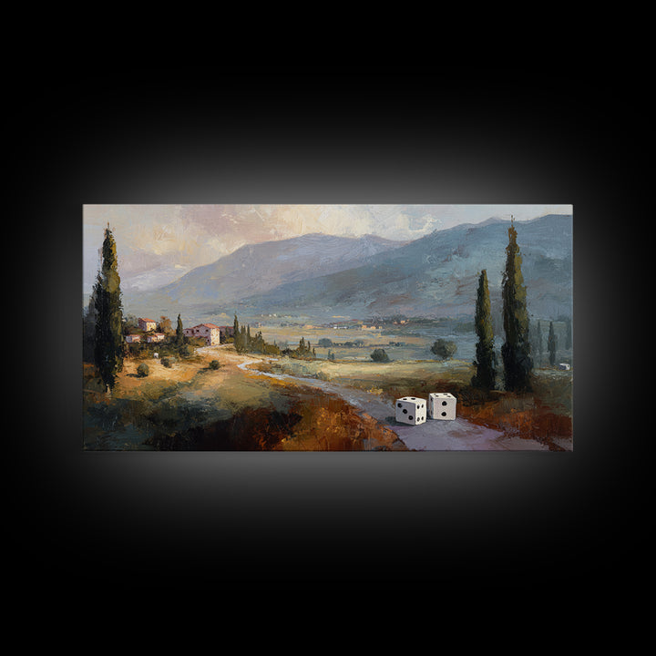 Tabletop Dice Rolling Through Dramatic Light Framed Canvas Print, Game Room Art, Minimalist Decor, Game Room Decor, Play, GRA-2x1-13