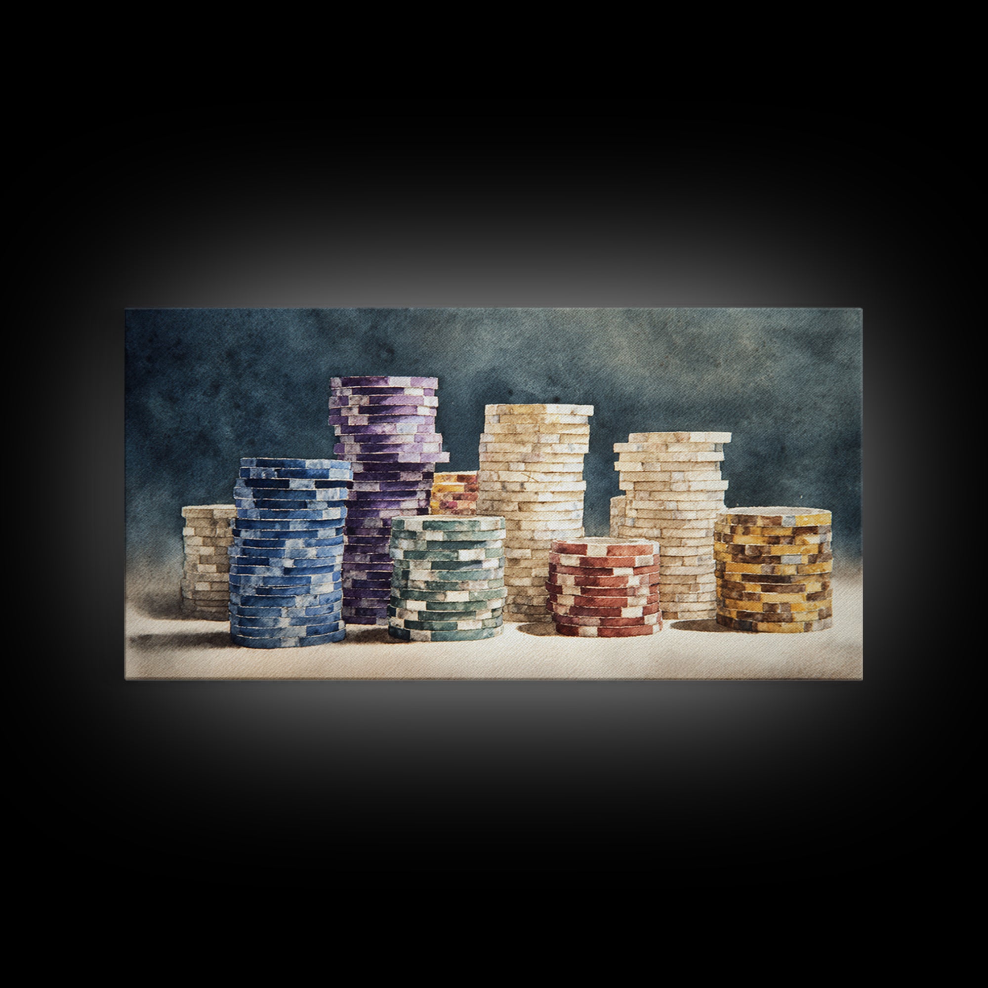 Poker Chips Stacked Like Casino Still Life Framed Canvas Print, Game Room Art, Fine Art Print, Game Room Decor, Oil Painting, GRA-2x1-27